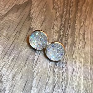 Clear Iridescent Druzy w/Silver Stud Earrings